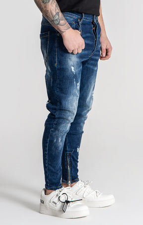 Dark Blue Distressed Zip Jeans