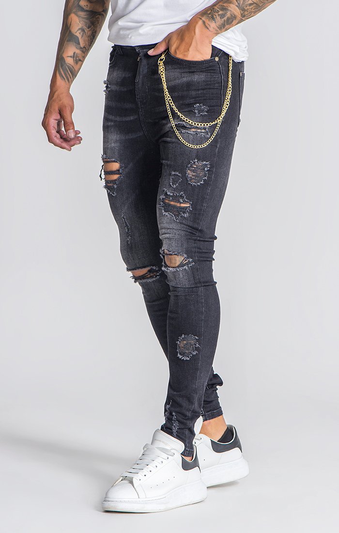 Black Distressed Jeans with Gold Chains