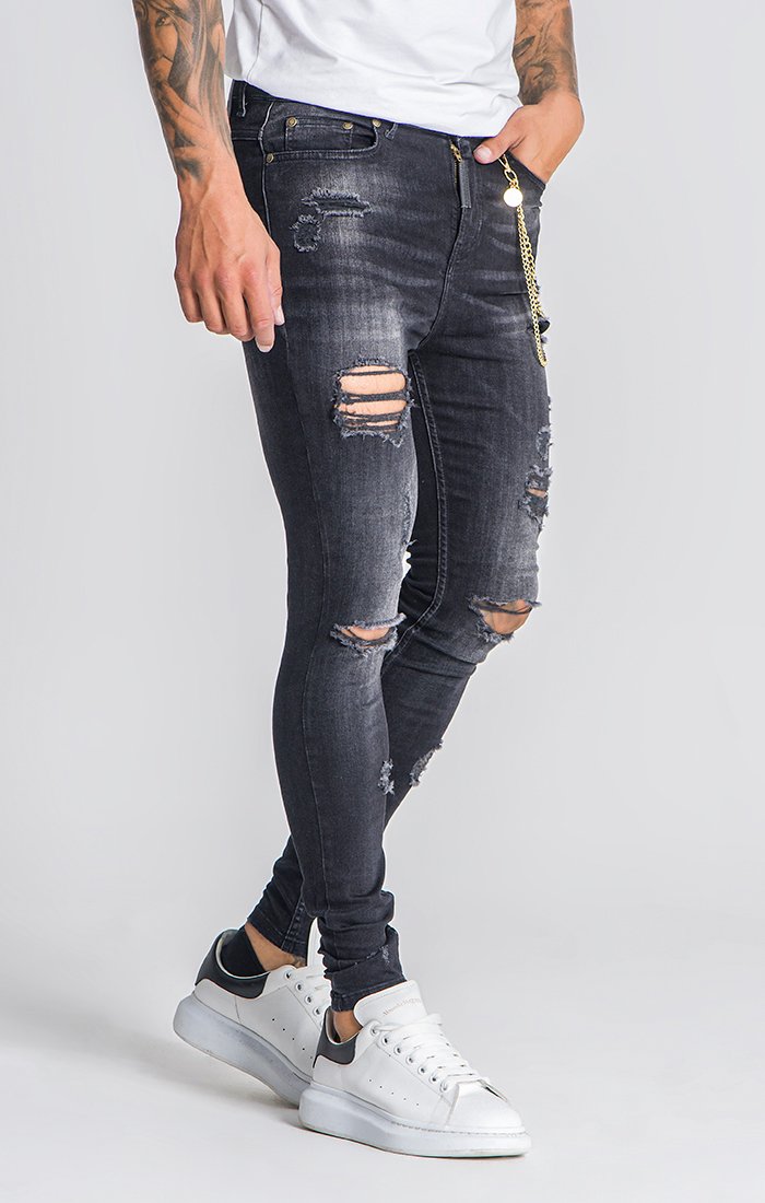 Black Distressed Jeans with Gold Chains
